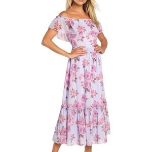 Lulus Pink and Purple Off-Shoulder Flutter Sleeve Maxi Dress